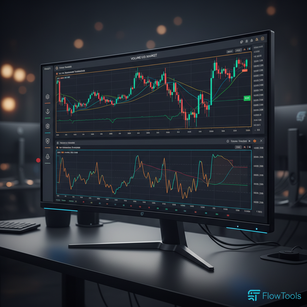A close-up of a single ultra-wide monitor showing a sophisticated footprint chart and detailed volume profile, rendered with crisp, high-contrast colors and subtle glow on key trading levels. Minimal, icon-like representations hint at institutional positioning and risk metrics, with a small, abstract FlowTools emblem integrated into the interface design. The monitor stands on a matte black desk with a metallic finish, illuminated by soft studio lighting that creates refined reflections on the screen edges. The background fades into a gentle bokeh of other screens and hardware. Shot at eye level with a shallow depth of field, the atmosphere feels analytical, focused, and decisively professional.