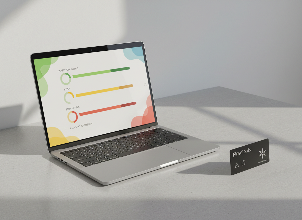 A minimalist tabletop scene featuring a modern laptop open to a stylized trading risk dashboard, highlighting position sizing, stop levels, and account exposure through colored bars and circular gauges instead of numbers or text. Next to the laptop lies a sleek, branded-looking black card with two simple geometric symbols suggesting separate FlowTools products, and a small abstract icon that evokes NinjaTrader integration. The laptop sits on a light concrete surface in front of a neutral wall, illuminated by soft morning sunlight from the side, casting delicate shadows and subtle highlights on metallic edges. Captured from a three-quarter elevated angle with ample negative space, the mood is calm, strategic, and highly professional.