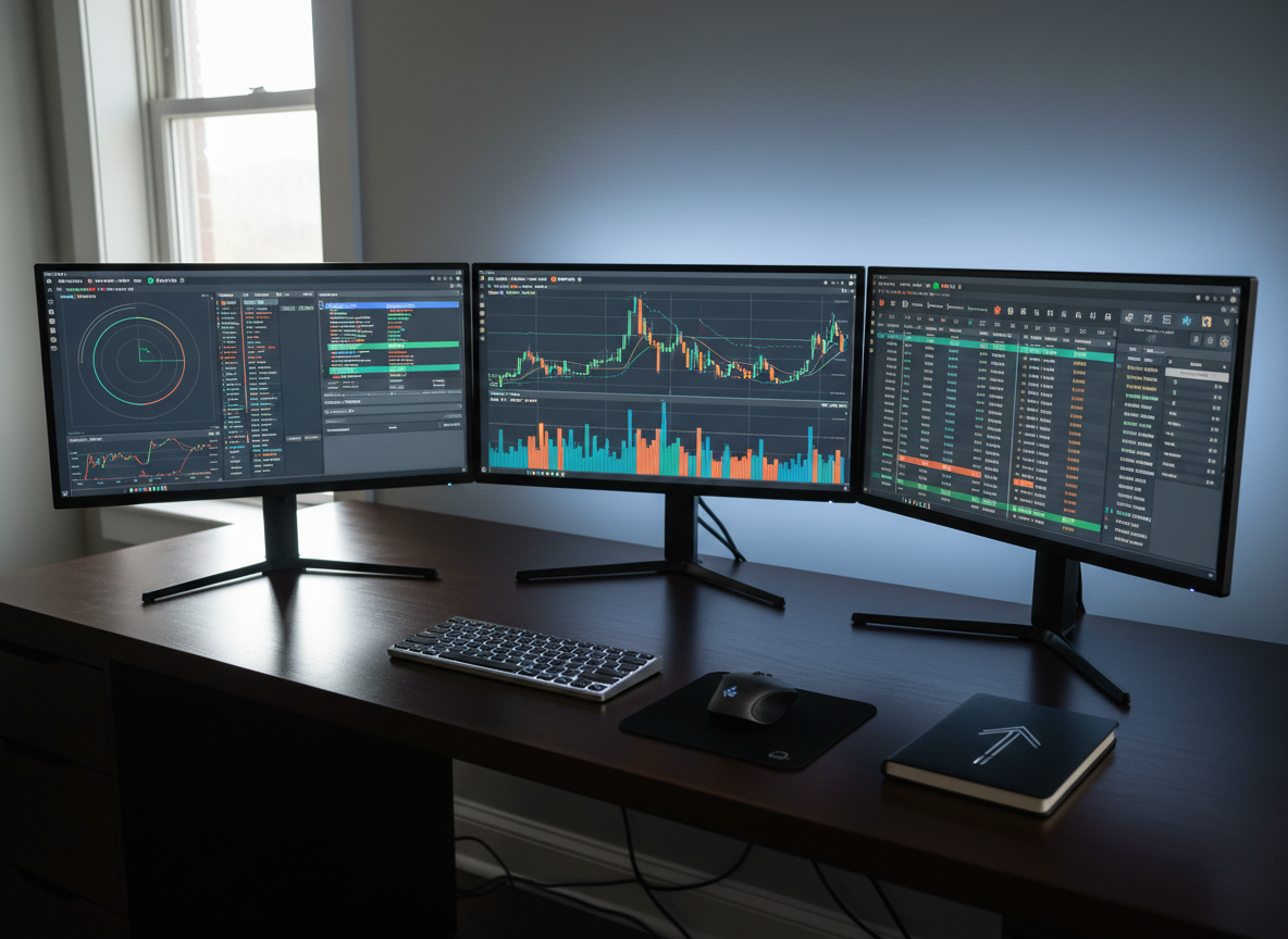 A sleek multi-monitor trading workstation displaying clean, modern order flow charts and depth-of-market ladders, all styled with a subtle FlowTools-inspired interface and small icon-like references to NinjaTrader integration. The screens rest on a dark wooden desk with a brushed metal keyboard and mouse, and a closed notebook marked only by a simple abstract symbol instead of text. Cool, focused LED backlighting outlines the monitors, while a soft, diffused daylight from a nearby window adds gentle highlights and reflections. Captured from a slightly elevated angle with sharp focus across the scene, the mood is professional, precise, and performance-driven, embodying high-level trading analysis in a photographic realism, clean and modern aesthetic.